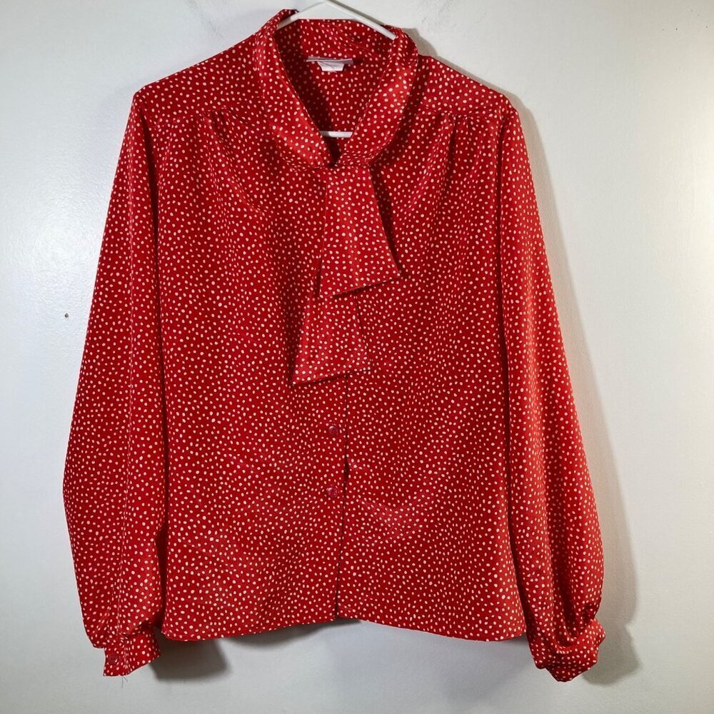 Womens Vintage Lucia Neck Tie Button Shirt Red White Dots 16